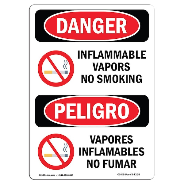 Safety Sign, OSHA Danger, 24" Height, Aluminum, Flammable Vapors No Smoking Spanish